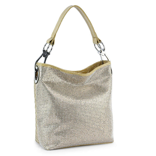 The Rhinestone Covered Tall Hobo Handbag features silver rhinestones, a faux leather beige strap, and metal hardware, displayed standing upright against a white background.