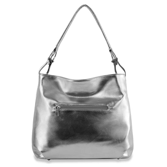 The Rhinestone Accented Pleated Hobo Handbag is a large metallic silver faux leather purse with a single shoulder strap, front zippered pocket, textured finish, rhinestone accents, and a simple, modern design.
