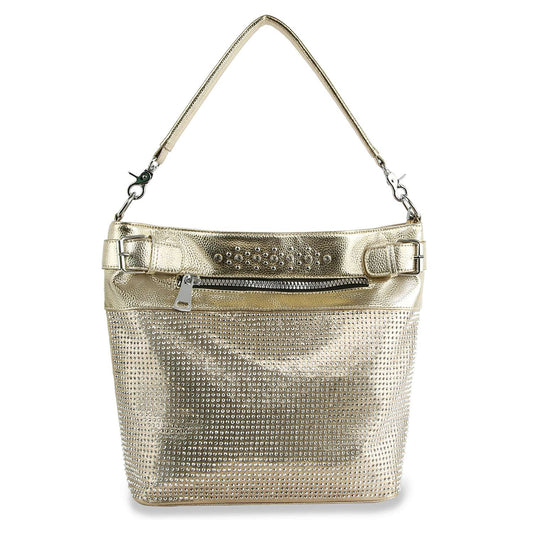 The Front Pocket Convertible Shoulder Bag features a metallic gold faux leather finish, studded texture, top handle, front zip pocket, and decorative stitching on the upper section.