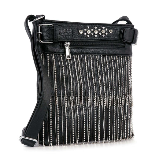 The Beaded Fringe Crossbody Sling Handbag is a black faux leather bag with a front zipper pocket, silver gem studs, hanging metallic chain beaded fringe, an adjustable strap, and a textured finish.