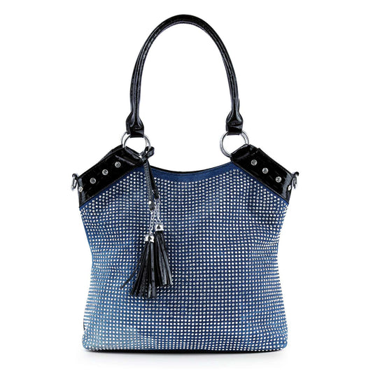The Tall Tassel Accented Tote Handbag features blue faux leather, black handles and accents, grid-patterned silver studs, and black tassel charms. Its both stylish and tablet compatible.