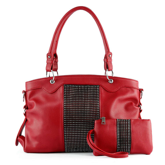 The Two Piece Fashion Handbag Set includes a red faux leather handbag with double handles, silver studded central panel, tablet compatibility for daily use, and a matching red wristlet with a coordinating studded design.