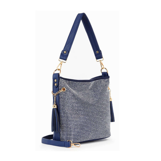 The Sparkling Rhinestone Hobo Handbag is a chic faux leather purse with a blue strap, gold hardware, white dotted pattern, decorative tassels, sparkling rhinestone details, and a detachable shoulder strap for versatile style.