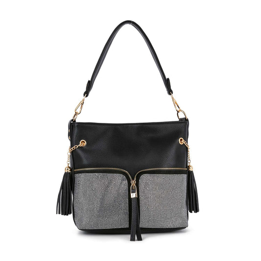 The Rhinestone Zip Hobo Handbag is a black faux leather bag with a short handle, gold hardware, two front zippered pockets embellished with rhinestones, and black tassel accents on both sides.