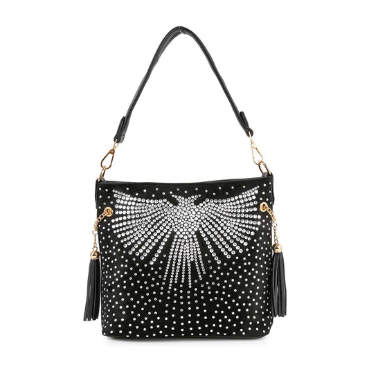The Stunning Wing Design Hobo Crossbody features black faux leather, a single handle, silver studded wings on the front, gold hardware, and two black tassels—making it a classic bag for any occasion.