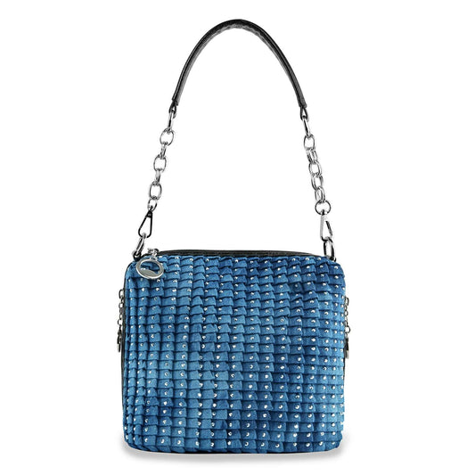 The Pleated Rhinestone Accented Shoulder Bag is a square blue petite bag with a woven texture, silver studs, black top handle, and silver chain details, shown against a white background.