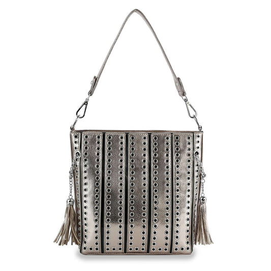 The Riveted Layered Hobo Crossbody is a metallic silver faux leather handbag featuring vertical grommet rows, a short shoulder strap, side tassels, and a shiny modern finish for an edgy look.