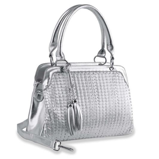 The Rhinestone Pleated Hand Tote is a shiny silver faux leather bag with dual handles, a detachable shoulder strap, studded texture, and a decorative tassel on the front.