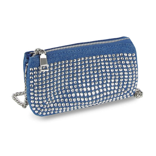 The Multi Compartment Petite Crossbody Bag features a blue design with sparkling rhinestones, silver hardware, a top zipper, and a sleek chain strap for versatile wear as a clutch or crossbody.