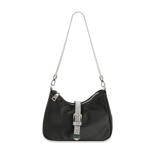 The Rhinestone Buckle Hobo Handbag is a chic black bag featuring a silver chain strap, silver zipper, and a decorative rhinestone buckle detail on the front.