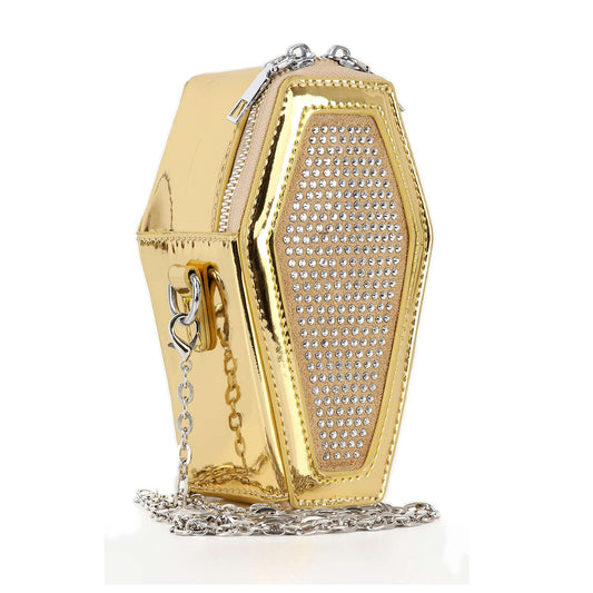 The Rhinestone Coffin Style Petite Patent Shoulder Bag is a small, shiny gold faux leather bag with a silver chain strap and silver studs on the front, shown against a white background.