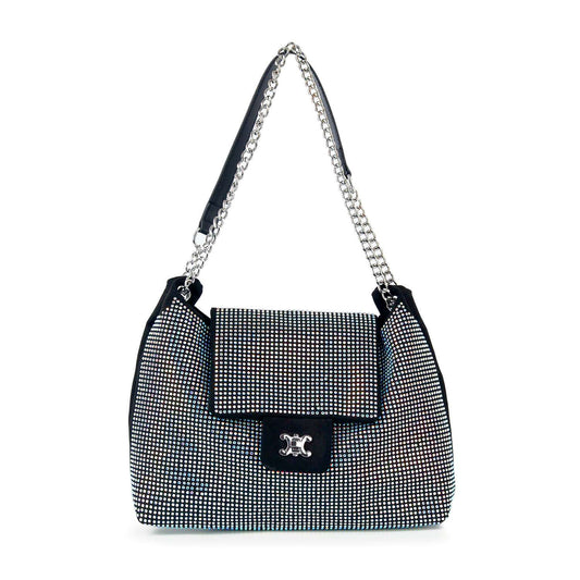 The Front Flap Rhinestone Shoulder Bag features a silver and black faux leather design, chain shoulder strap, flap closure, metallic front logo, and is embellished with small reflective rhinestones for eye-catching style.