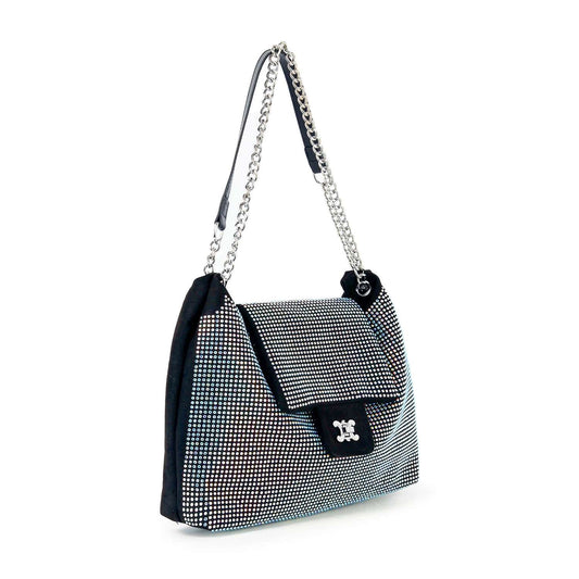 The Front Flap Rhinestone Shoulder Bag is a faux leather handbag adorned with small sparkling rhinestones, featuring a silver chain shoulder strap and a decorative metal clasp on the front flap.