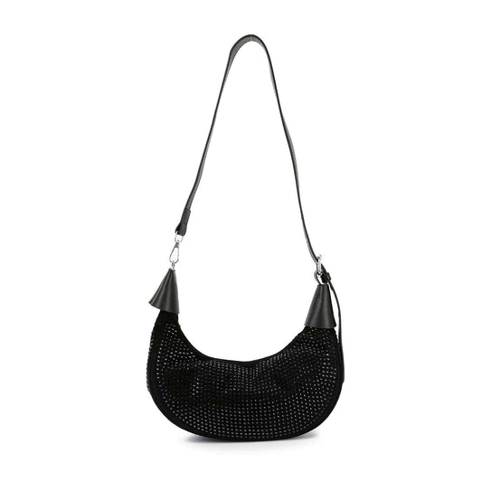 The Rhinestone Covered Hobo Shoulder Bag is a black crescent-shaped bag adorned with shiny rhinestones and features a long adjustable strap.