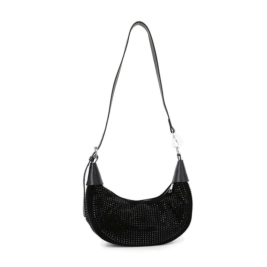 The Rhinestone Covered Hobo Shoulder Bag is a black, crescent-shaped bag with a long adjustable strap. It features sparkling rhinestones across the front and has black faux leather accents at the strap attachments.