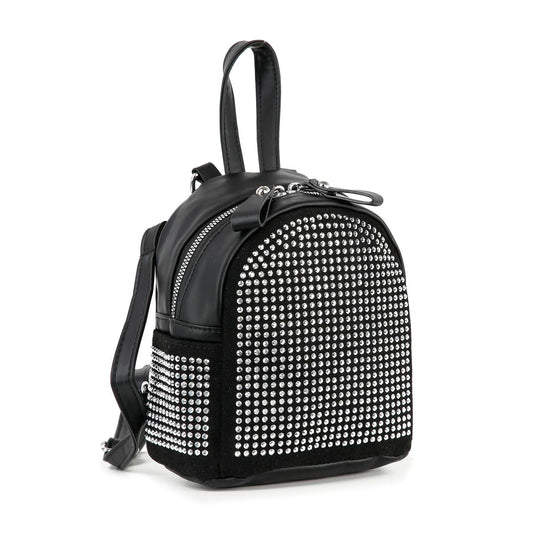 The Ultra Petite Rhinestone Fashion Backpack is a small black faux leather bag with shiny silver rhinestones on the front, a side pocket, black straps, and a top handle for easy, hands-free carrying.