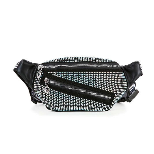 The Rhinestone Front Crossbody Sling is crafted in black with rows of shiny rhinestones. It features an adjustable strap and multiple zippered compartments for convenient, stylish storage.