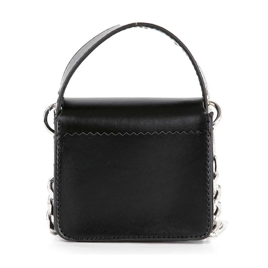 The Chain Accented Evening Bag is a small black faux leather square handbag with a top handle, visible stitching, chunky silver chain details on the sides, and a detachable chain strap.