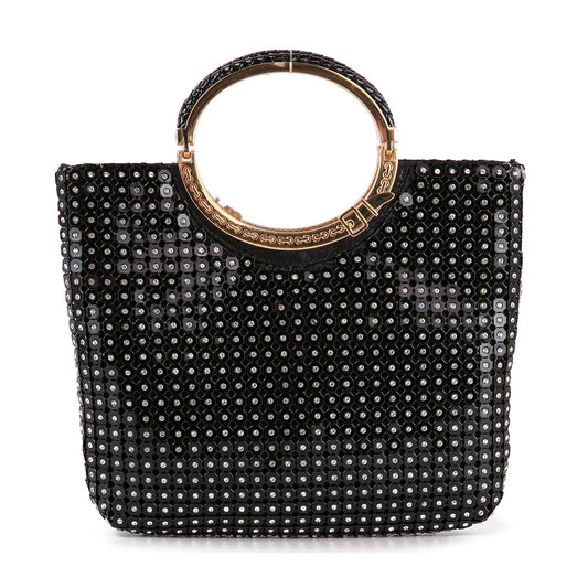 The Metal Mesh Rhinestone Hand Tote is a black faux leather purse with small shiny studs and large round gold handles featuring decorative engravings.