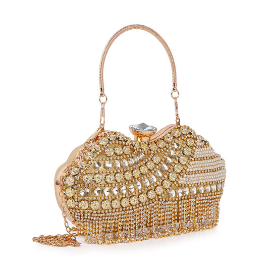 The Dazzling Multi Stone Evening Bag features rows of rhinestones and beads, a curved shape, jeweled clasp, detachable chain strap, and decorative handle for versatile styling.