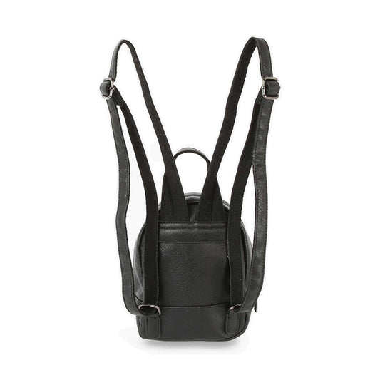 The Ultra Petite Rhinestone Front Pocket Backpack is a small black faux leather bag shown from the back, featuring two adjustable shoulder straps and a top handle against a white background.