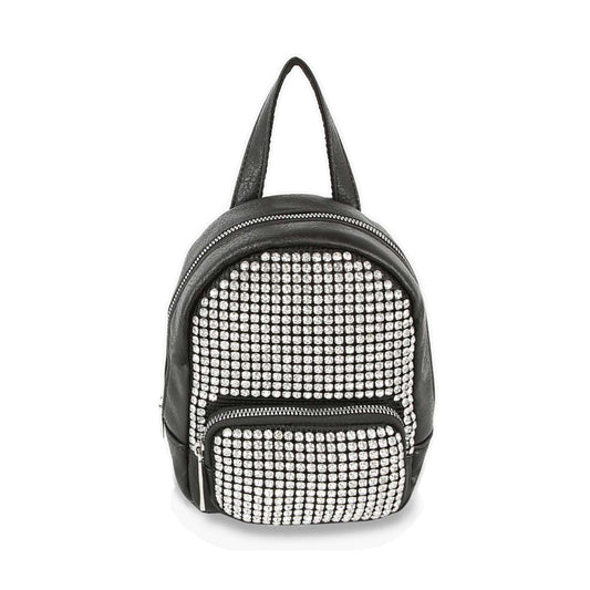The Ultra Petite Rhinestone Front Pocket Backpack is a black faux leather mini backpack with a top zip, zippered front pocket, and a grid of sparkling stones on the front and pocket, shown against a white background.