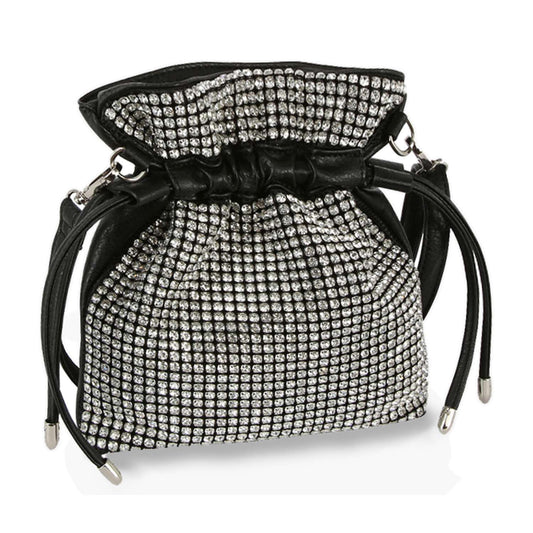 The Rhinestone Covered Gathered Evening Bag is a small black purse adorned with sparkling rhinestones, faux leather straps, and silver hardware for a chic, elegant look.