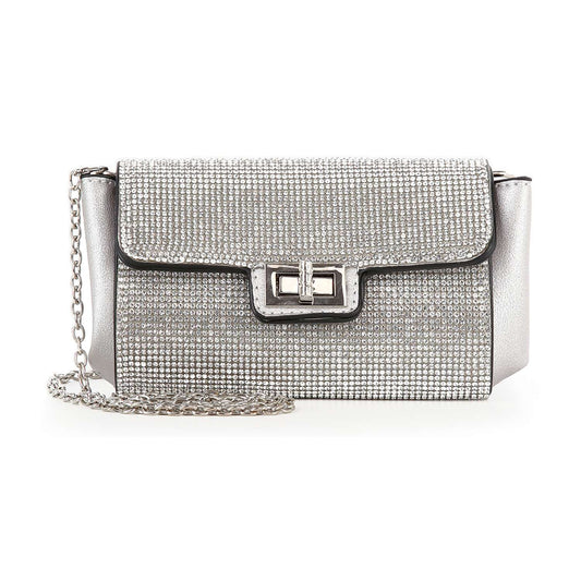The Twist Lock Rhinestone Clutch Shoulder Bag features shimmering silver faux leather, sparkling rhinestones, a flap closure with metallic twist lock, and a sleek silver chain strap.