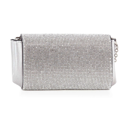 The Twist Lock Rhinestone Clutch Shoulder Bag features a rectangular shape, sparkling rhinestones on the front, a metallic finish on the sides, and a small chain detail at one end.