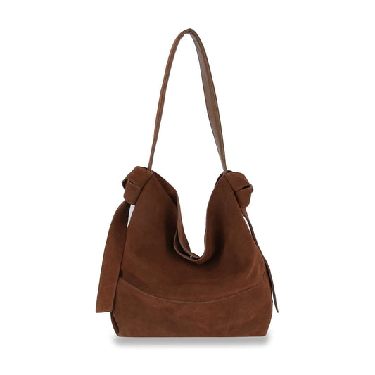 The Genuine Leather Two-In-One Hobo Handbag Set is a brown suede shoulder bag with a slouchy style, single wide strap, and knotted sides. Tablet compatible, shown on a white background.