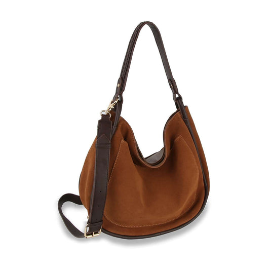 The Classic Genuine Leather Hobo Handbag features brown suede, a curved silhouette, dark brown leather straps, and gold-tone hardware—an ideal everyday bag shown on a white background.