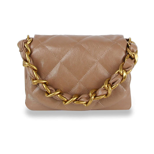 The Quilted Front Flap Shoulder Bag is a beige faux-leather handbag with a gold and leather chain strap and flap closure, perfect for adding chic style to your collection.