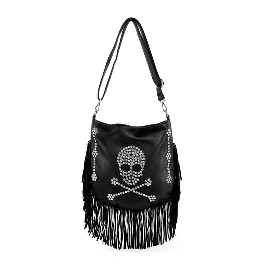 The Skull Design Fringed Rhinestone Shoulder Bag is a bold black purse with silver skull and crossbones studs, dramatic side and bottom fringes, and tablet compatibility—perfect for adding an edgy statement to your outfit.