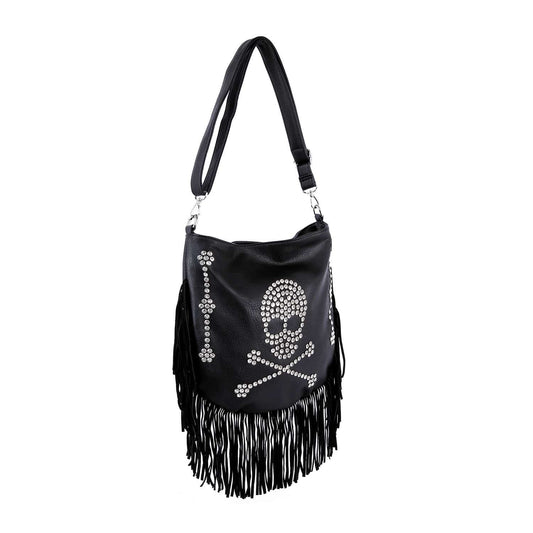 The Skull Design Fringed Rhinestone Shoulder Bag features silver rhinestones in a skull motif, long black fringe, an adjustable strap, and fits most tablets—perfect for edgy style wherever you go.