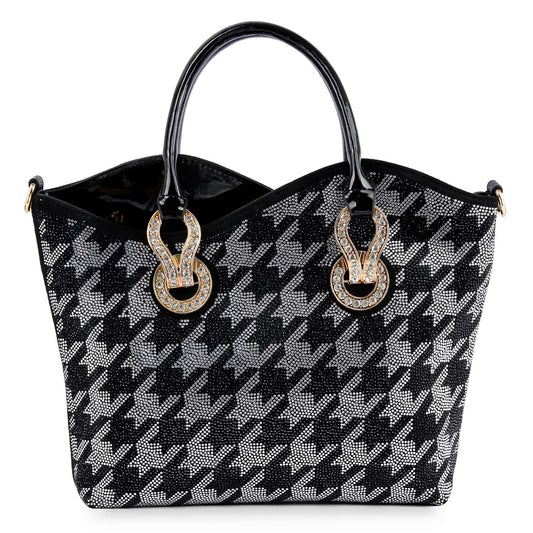 The Houndstooth Rhinestone Design Elegant Tote showcases a black and white houndstooth pattern in faux leather, two black handles, gold-tone hardware, and decorative buckle accents.