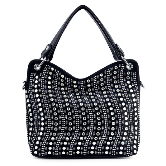 The Layered Rhinestone Fashion Handbag is a black faux leather bag with two handles, featuring wavy rows of silver and white studs and rhinestones across the front, plus grommet accents at the handle attachments.