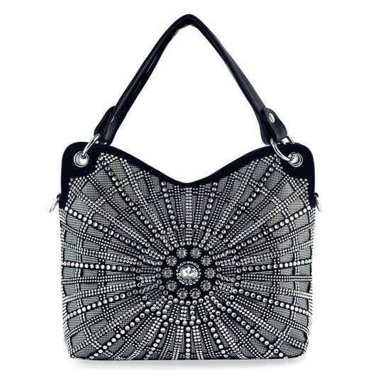 The Unique Rhinestone Design Handbag is a black faux leather bag with two handles and a striking sunburst pattern of silver rhinestones covering the entire front.