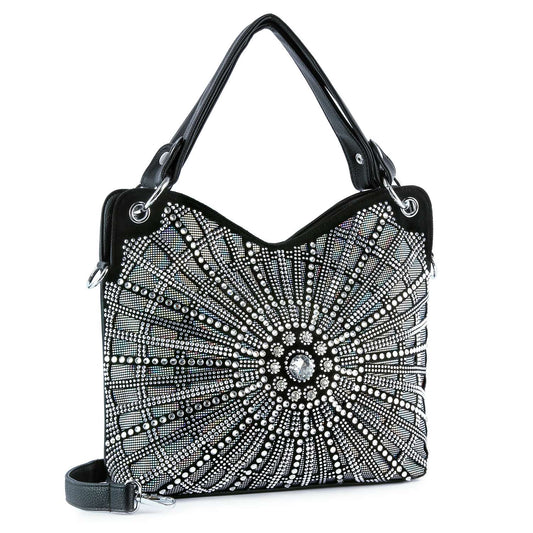 The Unique Rhinestone Design Handbag is a black bag with a symmetrical starburst pattern in silver and clear rhinestones, two handles, a detachable shoulder strap, and enough space to fit a tablet.