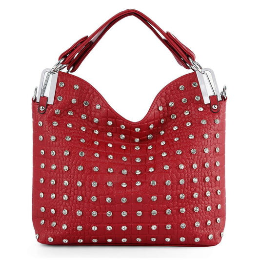 The Studded Rhinestone Embossed Fashion Handbag is a spacious red faux leather bag with two handles, silver hardware, a textured surface, and evenly spaced silver studs.