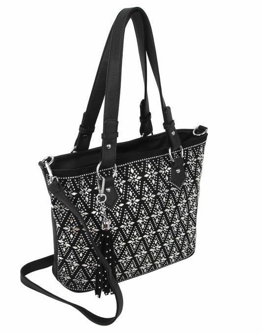 The Sparkling Rhinestone Design Tote Handbag features black faux leather, geometric white patterns, silver studs, double shoulder straps, a detachable long strap, and a side tassel.