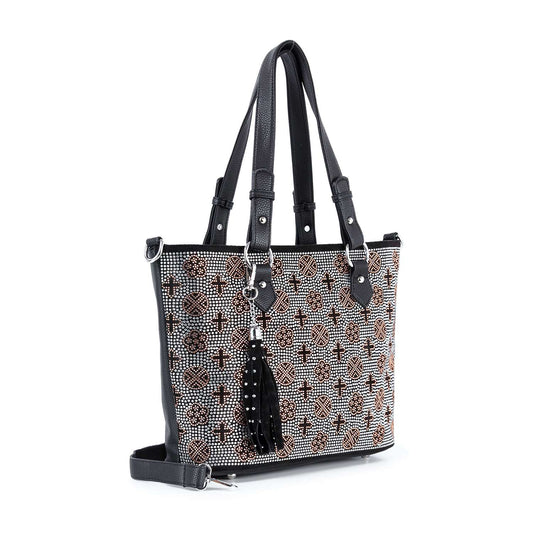 The Rhinestone Signature Print Classic Tote Bag is a black faux leather tote featuring dual handles, a detachable shoulder strap, a beaded geometric pattern, and a decorative tassel with beads. Its compatible with tablets.