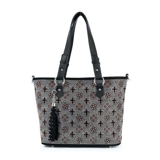 The Rhinestone Signature Print Classic Tote Bag features a black and white geometric signature print, two black shoulder straps, and a decorative black tassel hanging from one handle.