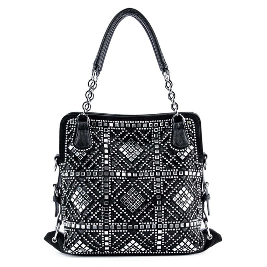 The Dazzling Rhinestone Fashion Handbag is a black faux leather shoulder bag with dual chain and leather handles, highlighted by silver and white rhinestones in geometric square and diamond patterns on the front.