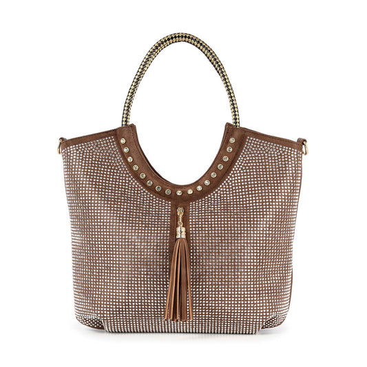 The Decorative Rhinestone and Tassel Tote features a brown faux leather body with gold studs along the top, a braided handle, a central tassel, and small white dots—perfect as a stylish, laptop-compatible tote.