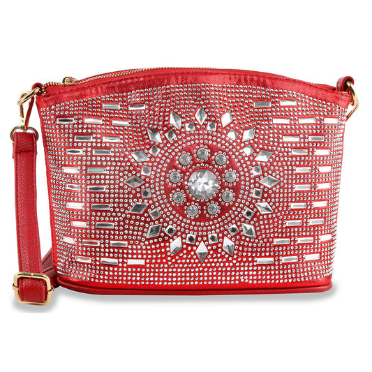 The Rhinestone Unique Design Shoulder Bag is a red faux leather crossbody with gold hardware and a sunburst pattern of silver studs and rhinestones on the front.