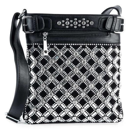 The Rhinestone Design Crossbody Sling is a black faux leather bag with a silver zipper, adjustable strap, and a geometric diamond pattern of silver studs and rhinestones arranged in a front lattice.