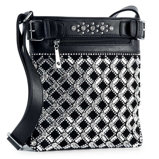 The Rhinestone Design Crossbody Sling is a stylish black faux leather bag featuring a diamond-patterned silver stud and rhinestone design, front zipper pocket, decorative belt detail, and an adjustable shoulder strap.