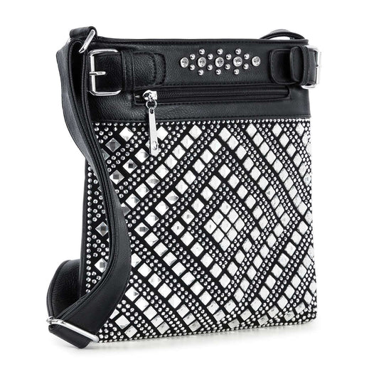 The Rhinestone Covered Crossbody Sling features a black diamond pattern, adjustable strap, silver studs, geometric metallic accents, and a zippered front pocket with stud embellishments. Made from faux leather for a stylish look.