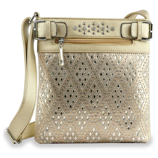 The Diamond Bling Crossbody Sling features a faux leather gold finish with diamond cutouts, metallic studs, a front zipper pocket, decorative top buckles, and an adjustable strap for stylish versatility.