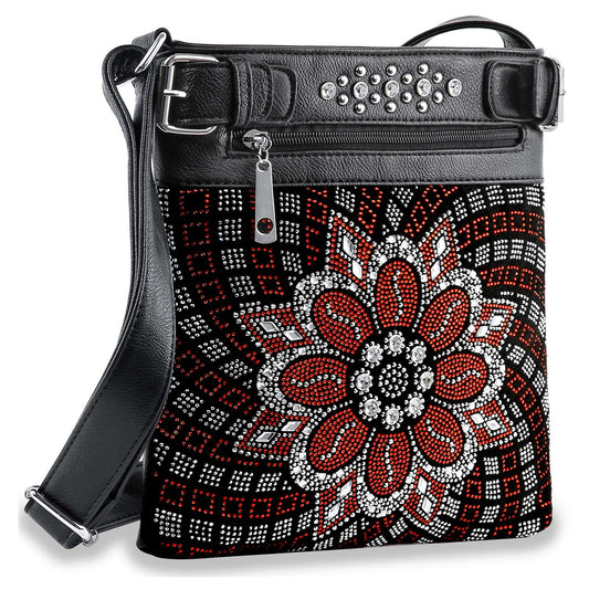 The Boho Rhinestone Flower Crossbody Sling is a black faux leather purse with a silver strap, silver studs above the zipper pocket, and a red, white, and black beaded floral pattern on the front.